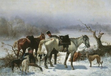 cazar caballos y perros en invierno Pinturas al óleo